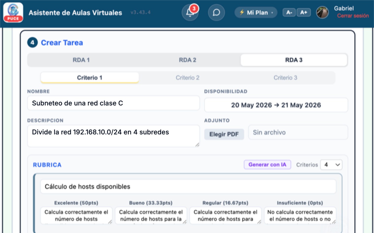 Pantalla del Generador de Aulas creando una tarea con rúbrica